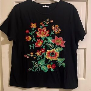 Floral Embroidered Black Tee
